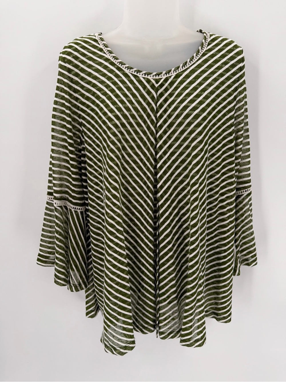 New Directions Top Womens L Green Stripe Flowy Split Overlay Flare 3/4 Slv Boho